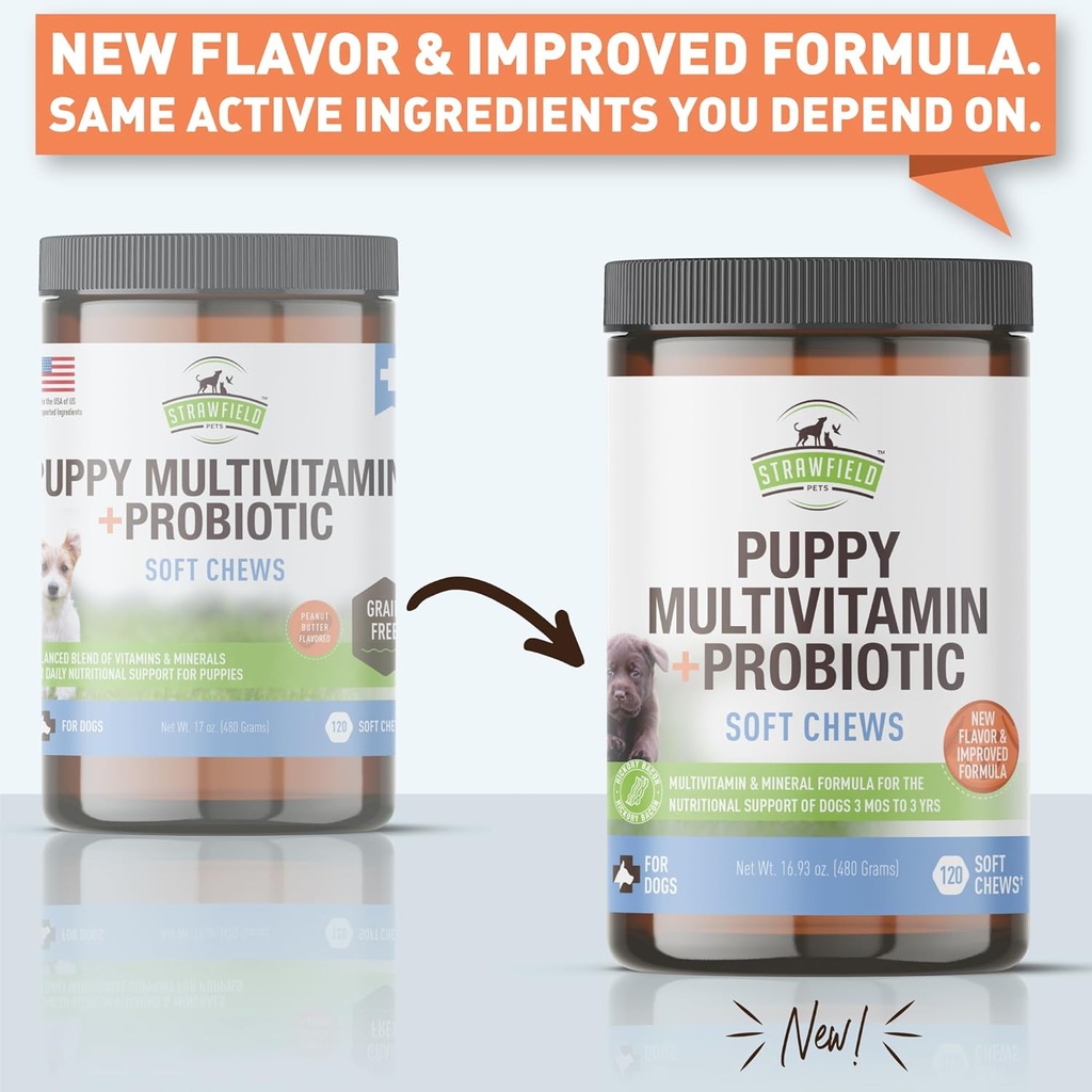 Strawfield Pets' Puppy Multivitamin + Probiotics for Dogs Puppy Vitamins with Joint Support Supplement for Dogs & Puppies Tasty Bacon Flavor 120 Soft Chews 3