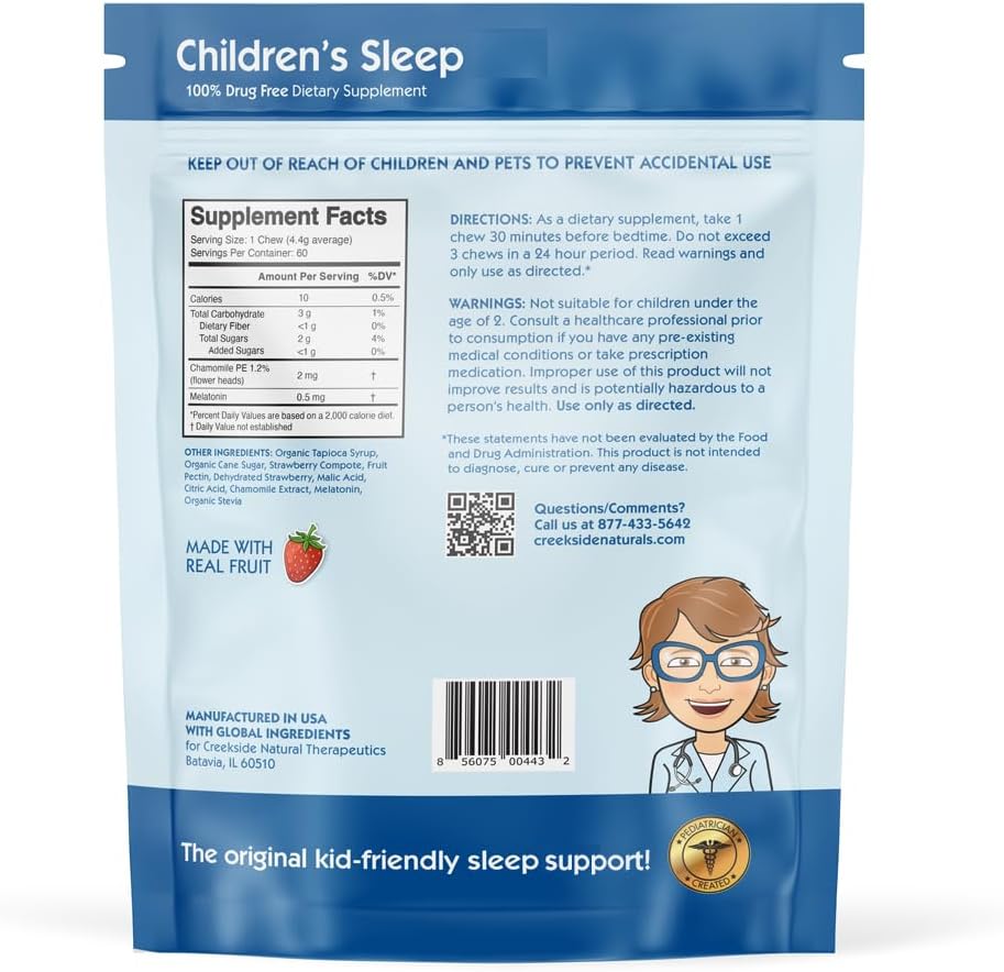 Creekside Naturals Children’s Sleep Real Fruit Chews, 0.5 mg Melatonin Sleep Supplement with Chamomile, Pediatrician Formulated Vegan Gummies, Strawberry Flavor, 60 Fruit Chews 3