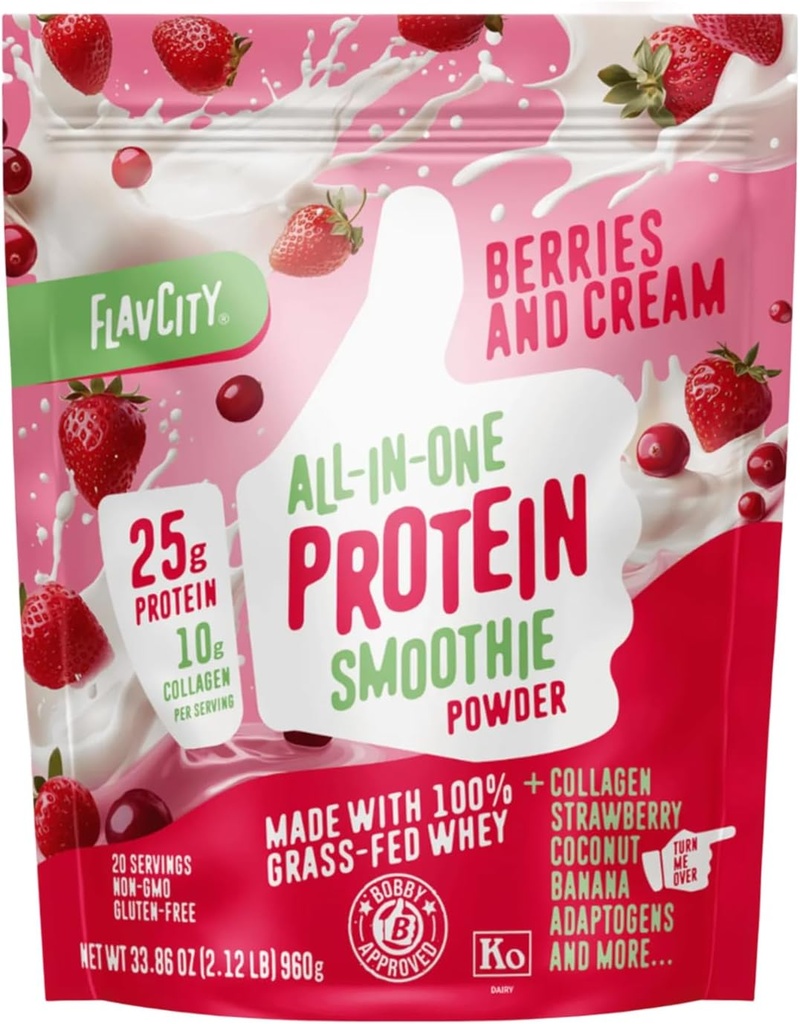FlavCity Grass Fed Whey Protein Powder - Berries & Cream - 25g Protein & 10g Collagen - Made with Organic Strawberries & Coconut Milk - Gluten Free & No Added Sugars (20 Servings) 2