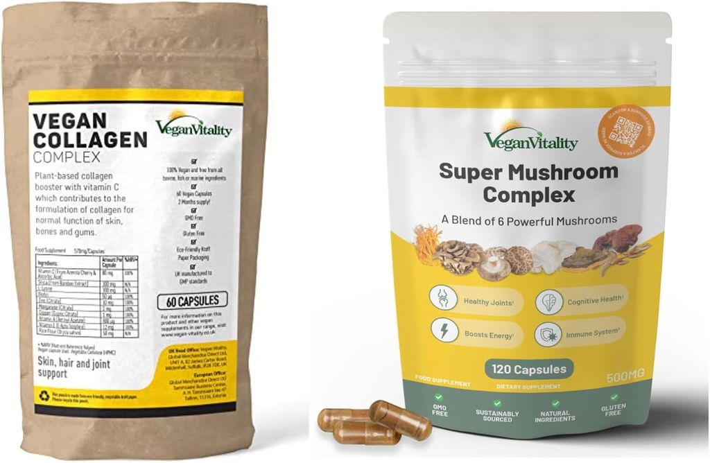 Vegan Vitality Nutrition Booster Bundle - Super Mushroom Complex and Collagen Booster. High Strength Plant Based Formula for Skin, Hair, Immunity and Overall Health for Vegans and Vegetarians 2