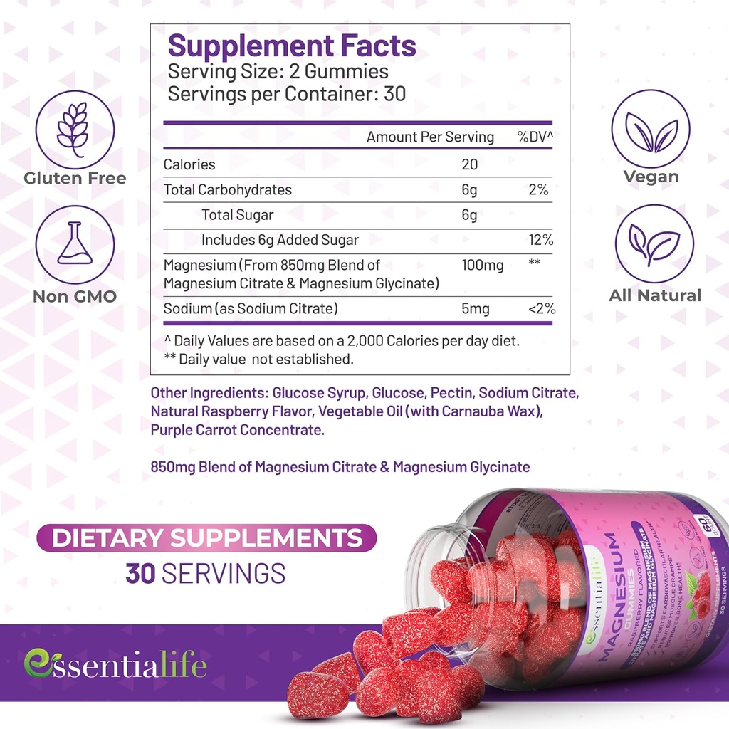 Magnesium Gummies 2 Packs Essentialife 100mg Per Serving - Blend of Magnesium Citrate & Magnesium Glycinate - Supports Healthy Digestion - Stay Calm & Energetic with Magnesium Supplements for Sleep 3