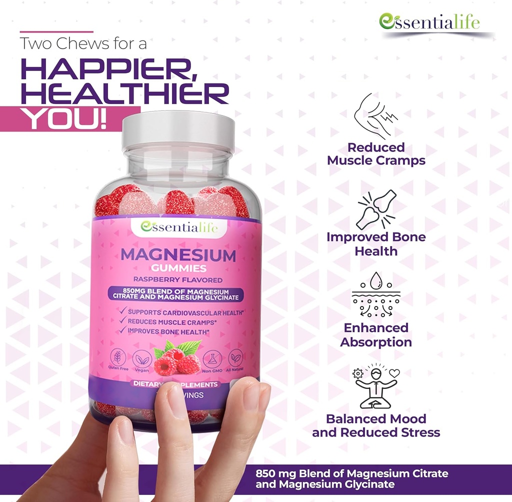 Magnesium Gummies 2 Packs Essentialife 100mg Per Serving - Blend of Magnesium Citrate & Magnesium Glycinate - Supports Healthy Digestion - Stay Calm & Energetic with Magnesium Supplements for Sleep 4