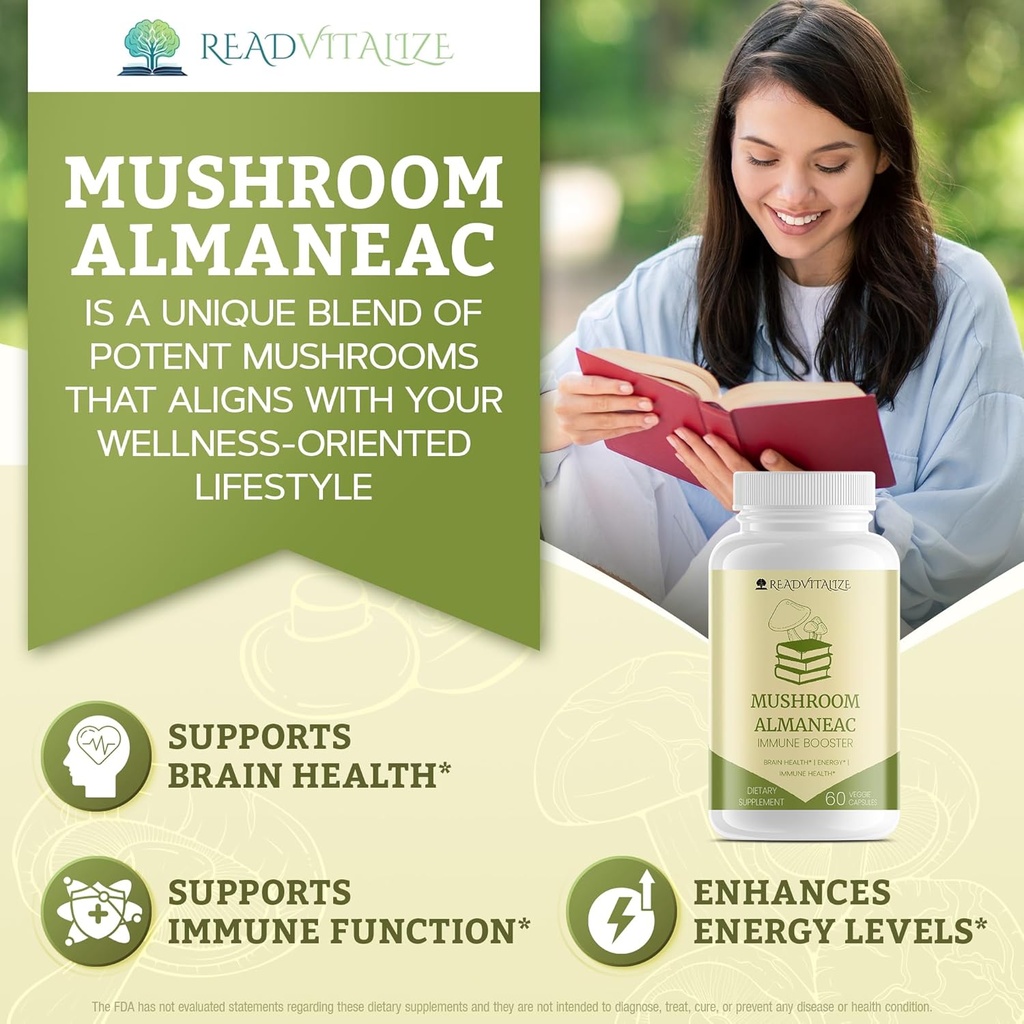 Mushroom Almaneac Nootropics Brain Support Supplement, Boosts Energy, Focus, Immune Support - with Lions Mane, Cordyceps, Turkey Tail, Shiitake Mushrooms - 60 Capsules 4