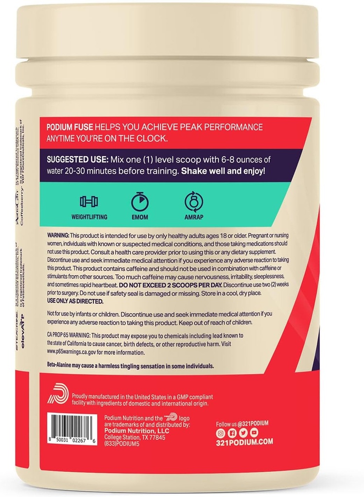 Podium Nutrition, Fuse Pre Workout Powder, Sour Watermelon, 30 Servings, Beta Alanine and Caffeine for Energy, Gluten Free, Soy Free, Dairy Free 4
