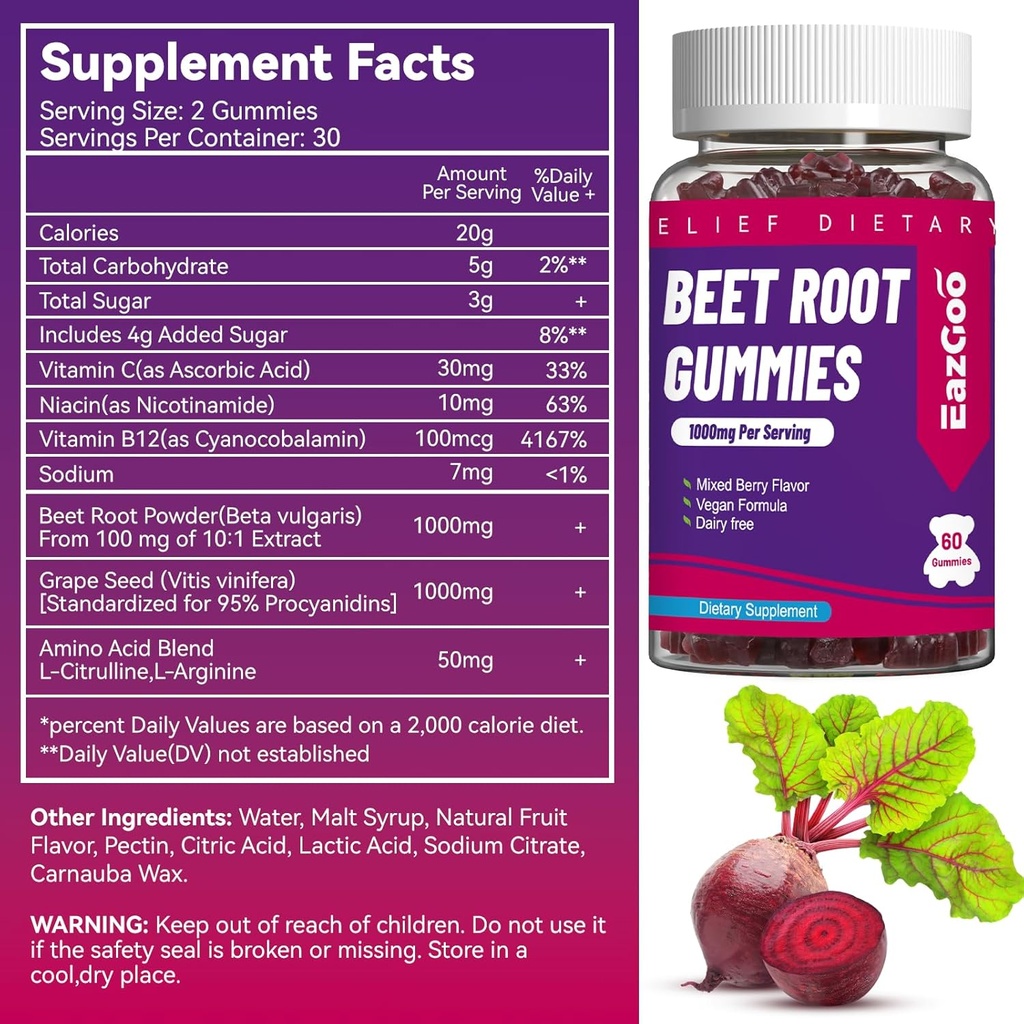 Beet Root Gummies, Beet Root Soft Chews with Beetroot, Grape Seed Extract & Beet Root Powder, Vegan, Non-GMO, 60 Count 3