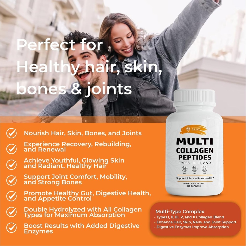 SIRUNES Multi Collagen Peptides Capsules - Non-GMO & Gluten Free Type I, II, III, V, X Hydrolyzed Collagen Supplements with Vitamin C - Supports Healthy Hair, Skin, Nails, & Joints - 100 Capsules 3