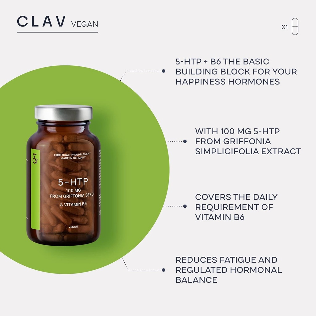 CLAV® 5-HTP 100mg + Vitamin B6 - Vegan 5HTP from Griffonia Seed Extract - 120 Capsules for Sleep & Mood Support - 4-Month Supply - Made in Germany 4