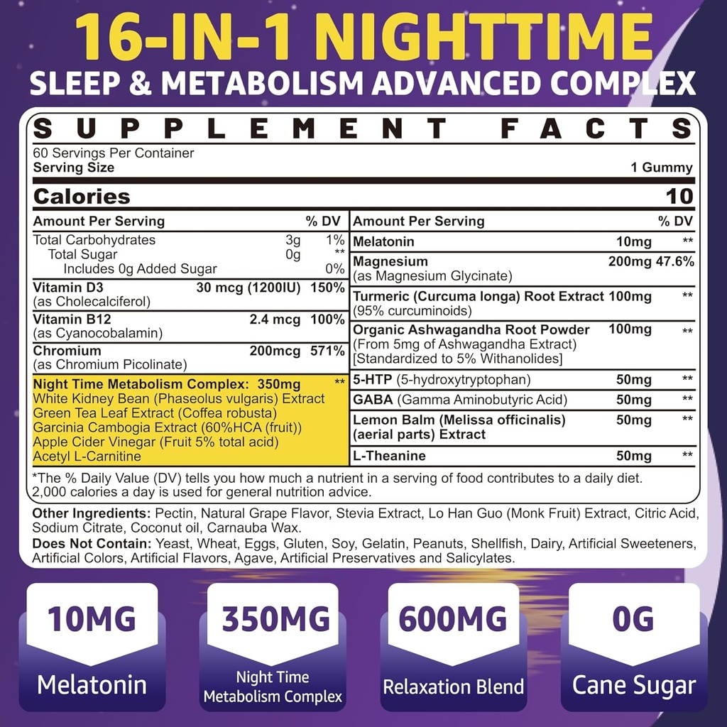 1Pack Melatonin 10mg Gummies, Night Time Metabolism Gummies for Adults, Crush Excess Hoarding While You Rest, Promote Healthy Zzzs, with Magnesium, Ashwagandha, 5-HTP, GABA, 100% Drug Free,Sugar Free 3
