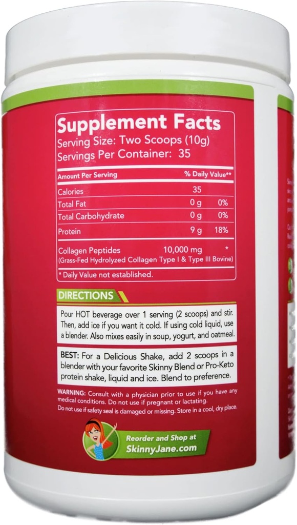 Skinny Jane Collagen Peptides Powder - Rejuvenates Skin - Healthy Hair and Nails -Supports Joints - Keto Friendly, Zero Carbs - Unflavored - 35 Servings 5
