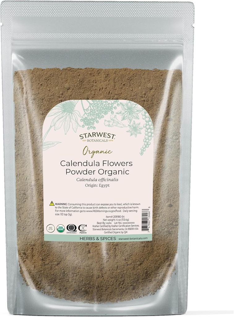 Starwest Botanicals Organic Calendula Flower Powder - Natural Dried Herb for Tea, Herbal Blends, & Culinary Use, Caffeine Free, Certified Kosher, Non-GMO - 4 oz Pouch 2