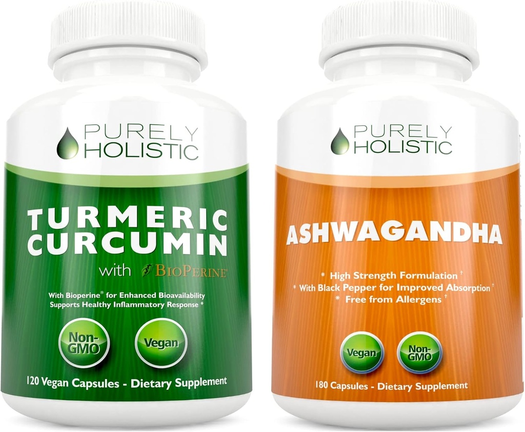 Organic Turmeric Curcumin 700mg & Bioperine + Organic Ashwagandha 1300mg & Black Pepper - Vegan Bundle - 120 + 180 Capsules - Made in USA 2