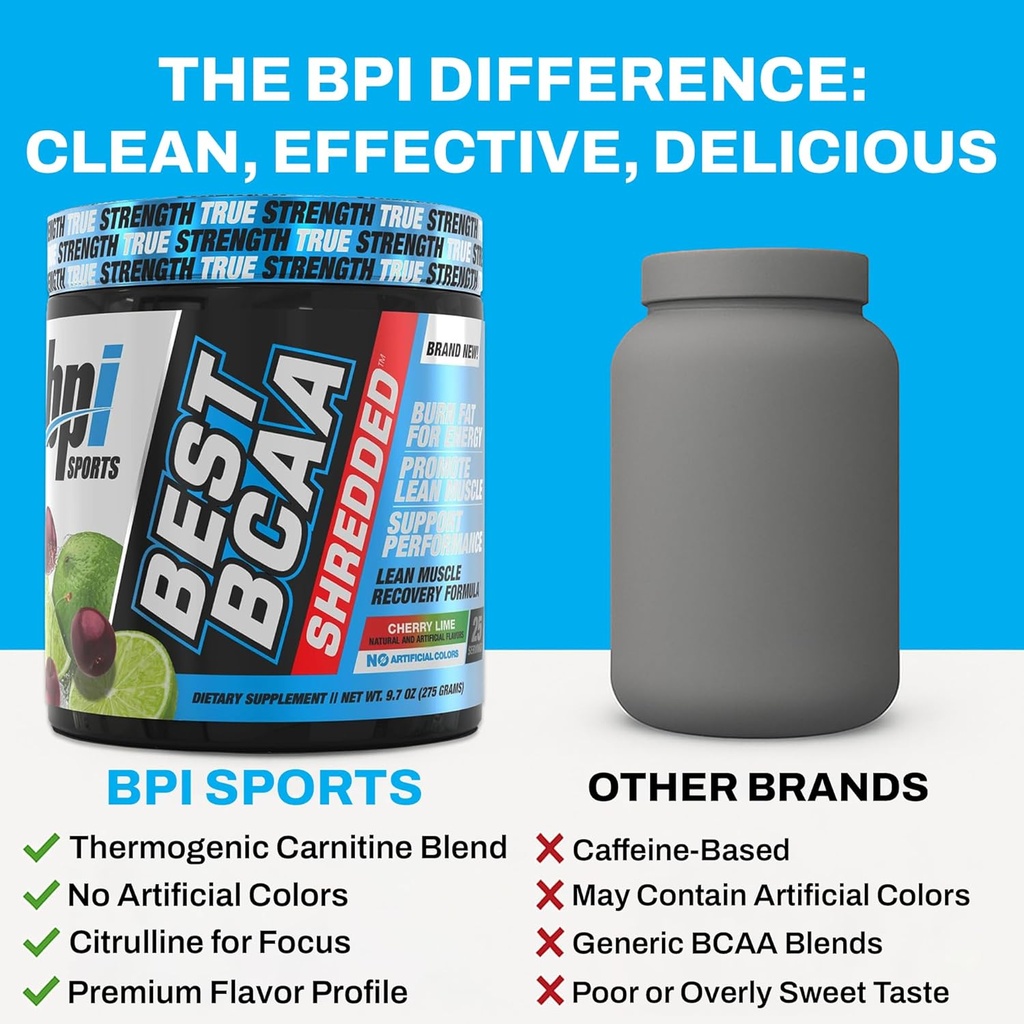 BPI Sports Best BCAA Shredded - Caffeine Free Thermogenic Recovery Drink, Lean Muscle Building BCAA Powder for Women and Men, Preworkout BCAAs Amino Acids Drink- Cherry Lime - 25 Servings 6