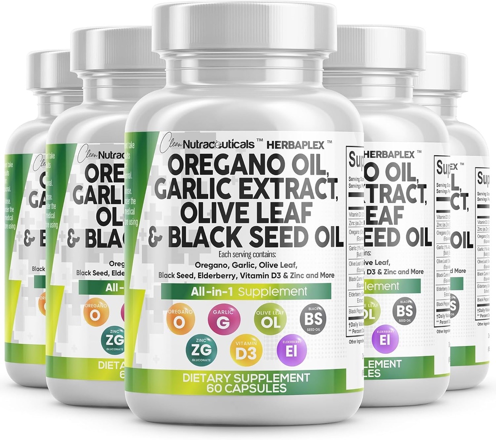 Clean Nutraceuticals Oregano Oil Garlic Extract Olive Leaf Black Seed Oil- Immune Support & Digestive Health Supplement for Women and Men with Vitamin D3 & Zinc - 5Pack 2