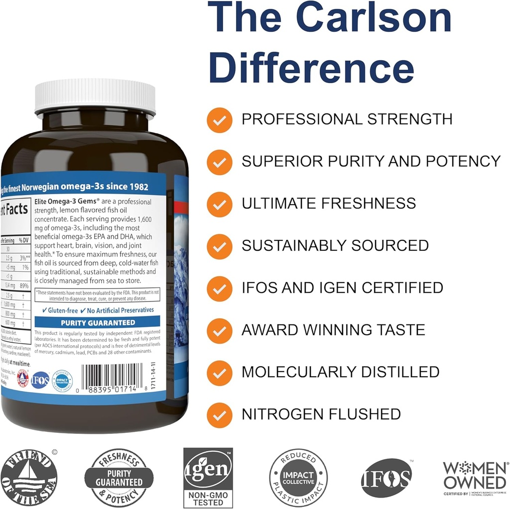 Carlson Elite Omega-3 Gems 1600 mg Omega 3 Fatty Acids Including EPA & DHA - Norwegian, Wild-Caught Sustainably Sourced Fish Oil Supplement, Omega 3 Fish Oil Capsules Lemon - 90+30 Softgels 4