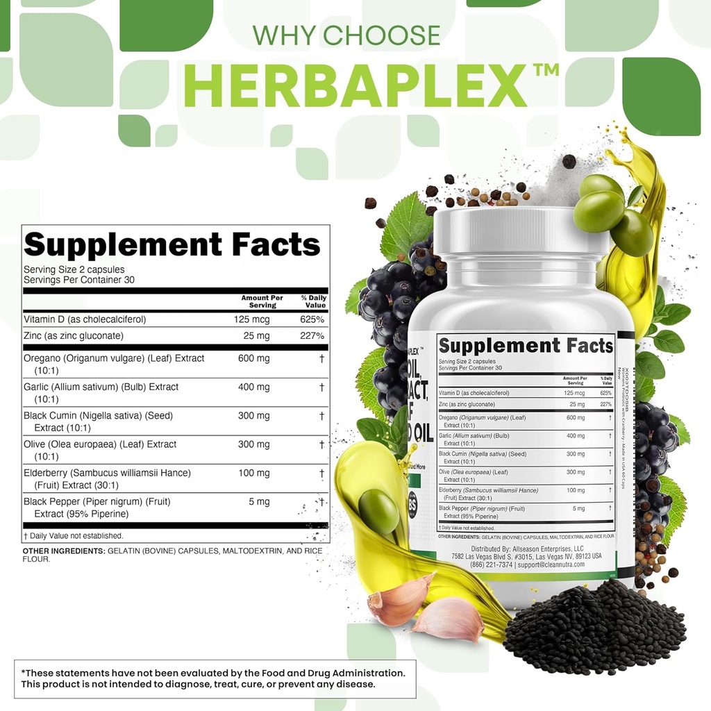 Clean Nutraceuticals Oregano Oil Garlic Extract Olive Leaf Black Seed Oil- Immune Support & Digestive Health Supplement for Women and Men with Vitamin D3 & Zinc - 5Pack 5