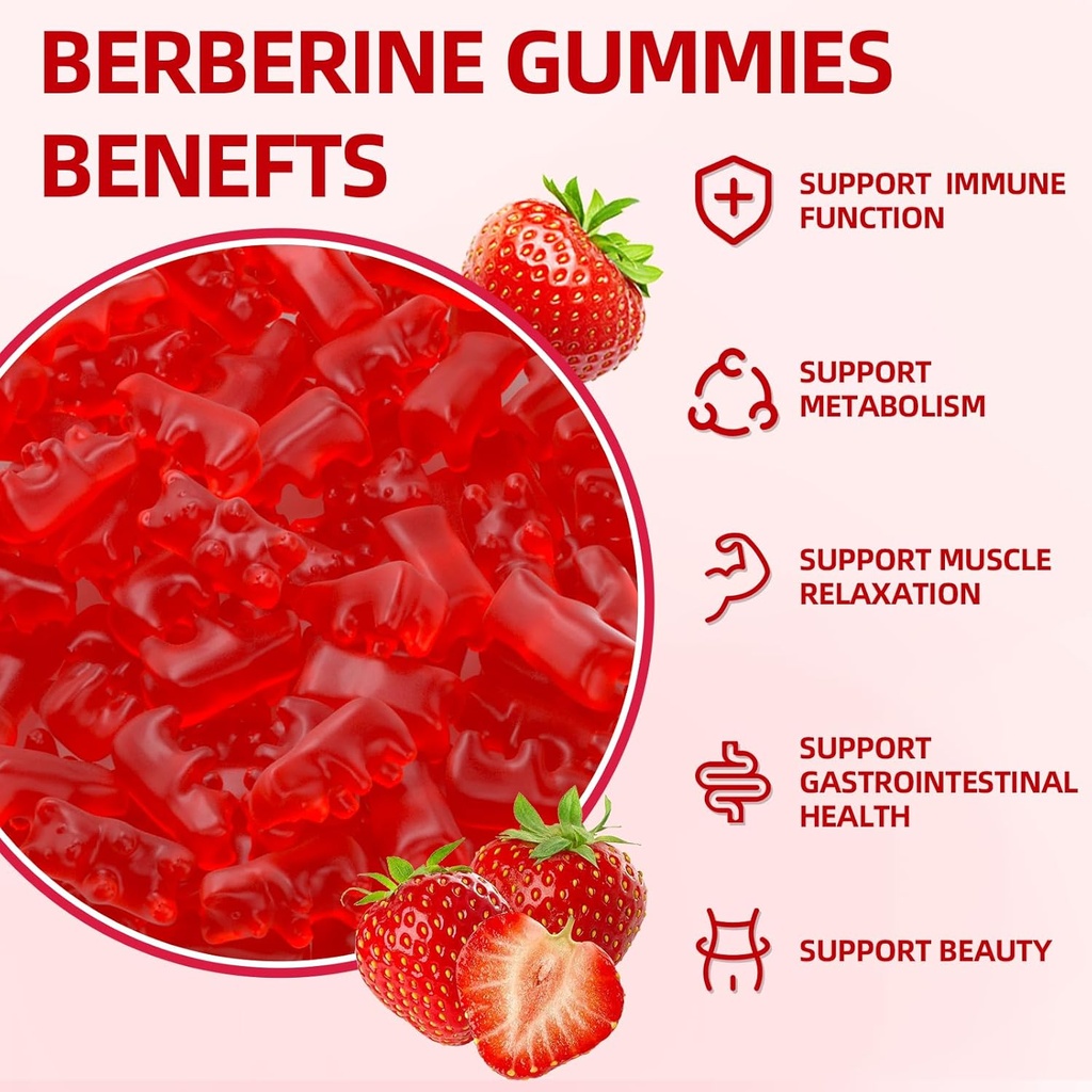 Berberine Gummies with Ceylon Cinnamon 1500mg High Potency Berberine HCL Supplement for Immune and Metabolism Support, Sugar Free, Strawberry Flavor - 120 Count 5