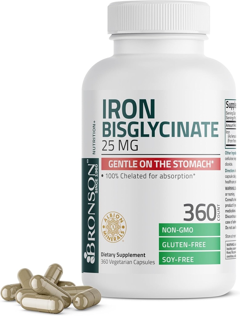Bronson Iron Bisglycinate 25 mg Gentle on The Stomach, Supports Energy & Healthy Red Blood Cell Production - Non-Constipating Formula - Non GMO, 360 Vegetarian Capsules 2