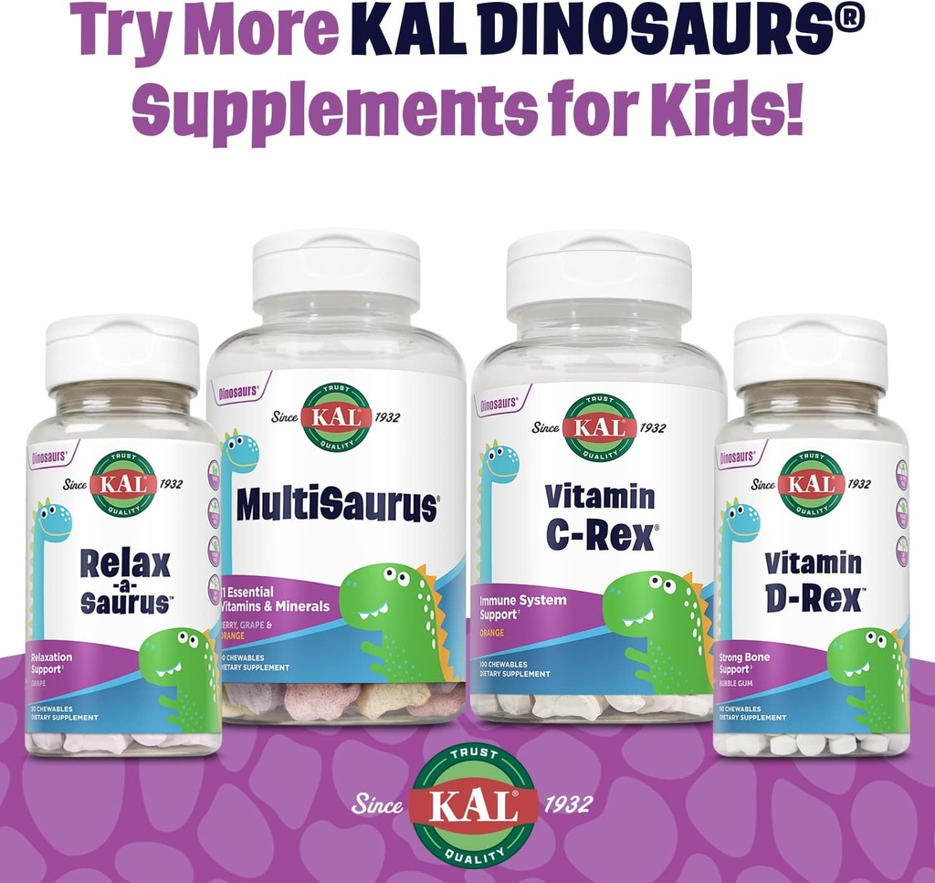 KAL MultiSaurus Kids Chewable Multivitamins, 11 Essential Vitamins and Minerals for Kids, Mixed Berry Flavor, Gluten and Preservative Free, 60 Servings, 60 Dinosaur-Shaped Chewables 6