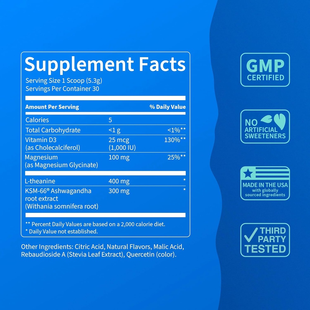 Nello Supercalm Powdered Drink Mix, Lemon Lime, L Theanine, Ksm-66 Ashwagandha, Magnesium Glycinate, Vitamin D 3, Supplements for Relaxation & Focus, Natural, No Sugar, Non GMO, 30 Srvgs 5