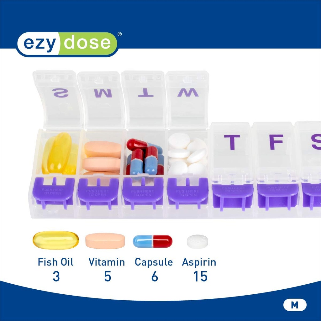 EZY DOSE Weekly (7-Day) Pill Case, Medicine Planner, Vitamin Organizer Box, Medium Push-Button Compartments, Convenient and Easy to Use, Color May Vary, BPA Free 4