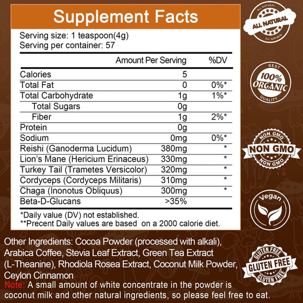 Mushroom Coffee, Powerful 12 in 1 Mushrooms Powder with Lion's Mane, Turkey Tail, Chaga & More, Immune Boosting Instant Arabica Coffee Mix with Cacao, L-Theanine for Focus, Energy 4