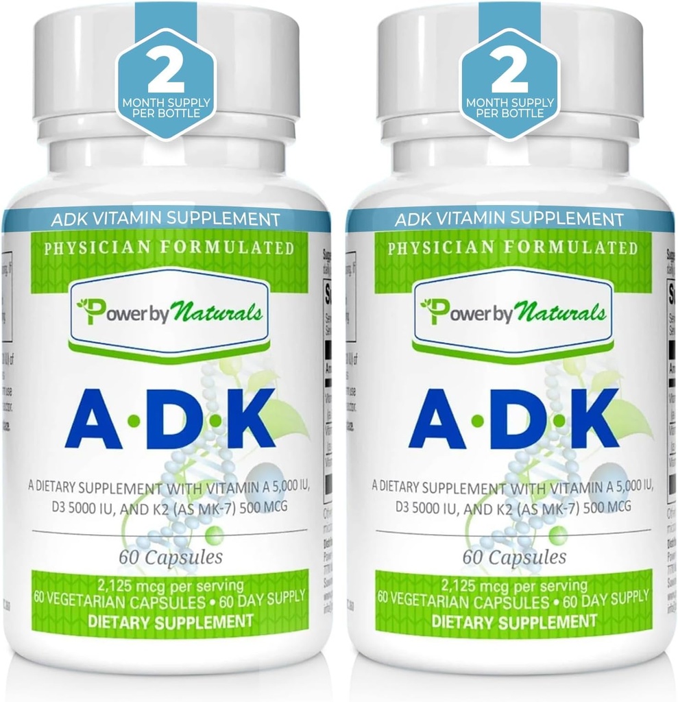 Power By Naturals ADK Vitamin Supplement: Vitamin A, Vitamin D3 5000 iu, and Vitamin K2 MK-7, Support Bone Health Vitamin ADK Supplement, Pure Vitamin D3 K2 MK7 & A, Pack of 2 (60 Capsules Each) 2