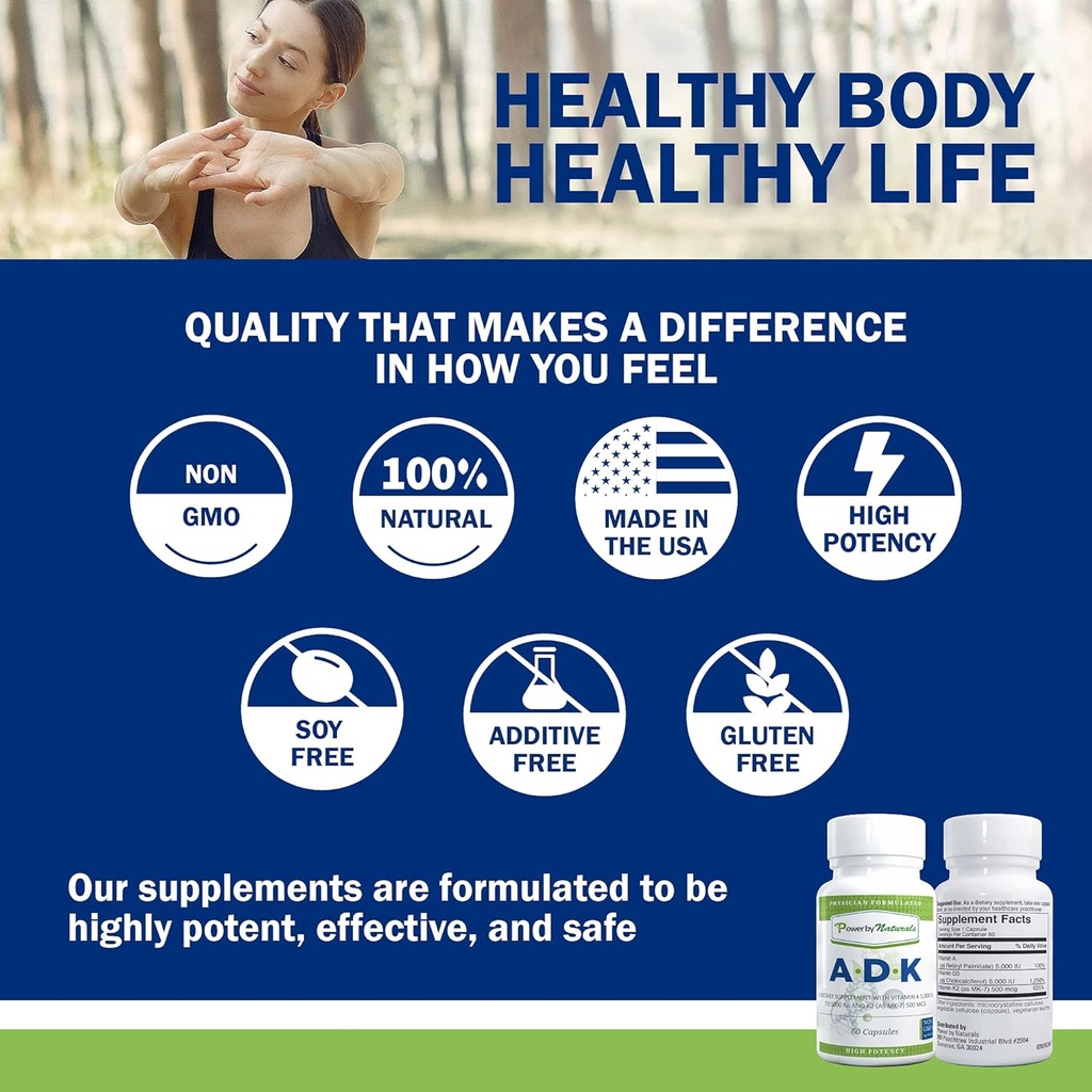 Power By Naturals ADK Vitamin Supplement: Vitamin A, Vitamin D3 5000 iu, and Vitamin K2 MK-7, Support Bone Health Vitamin ADK Supplement, Pure Vitamin D3 K2 MK7 & A, Pack of 2 (60 Capsules Each) 5