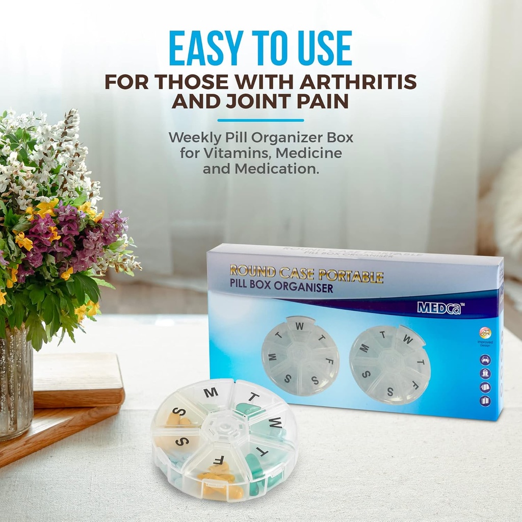Weekly Pill Organizer - (Pack of 2) 7 Day Pills Container, Round Medicine Organizer Box, Daily Week Pill Reminder Case Travel Friendly, BPA-Free Vitamin, Supplement, Fish Oil, Medication Planner 3