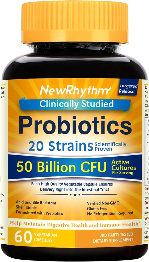 NewRhythm Probiotics 50 Billion CFU 20 Strains, 60 Veggie Capsules, Targeted Release Technology, Stomach Acid Resistant, No Need for Refrigeration, Non-GMO, Gluten Free (Pack of 2) 2