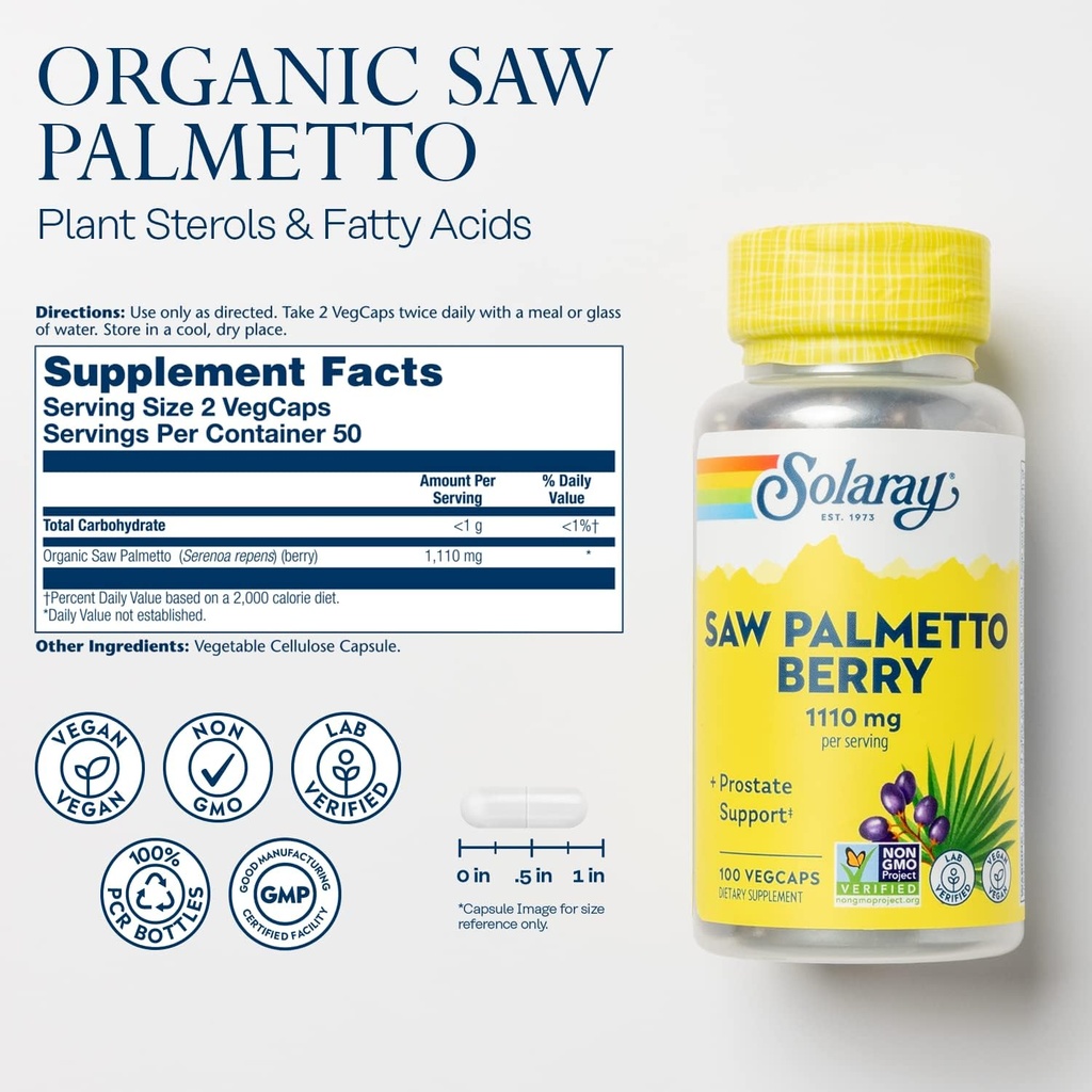 SOLARAY Saw Palmetto Berry 1110 mg, Organic Saw Palmetto for Men, Healthy Prostate Support from Fatty Acids & Plant Sterols, Non-GMO, Vegan & Lab Verified, 60-Day Guarantee, 50 Servings, 100 VegCaps 3