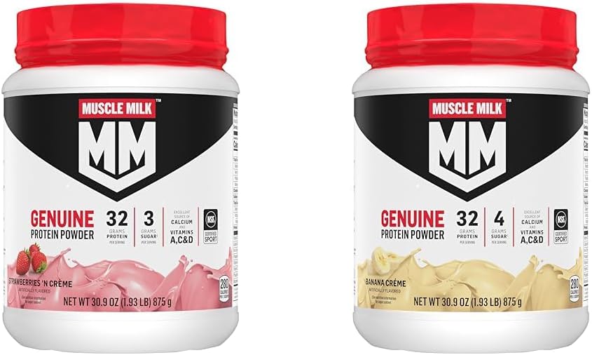 Muscle Milk Genuine Protein Powder Bundle, Strawberries 'N Crème 1.93 Pounds 12 Servings 32g Protein 3g Sugar and Banana Crème 1.93 Pounds 12 Servings 32g Protein 4g Sugar 2