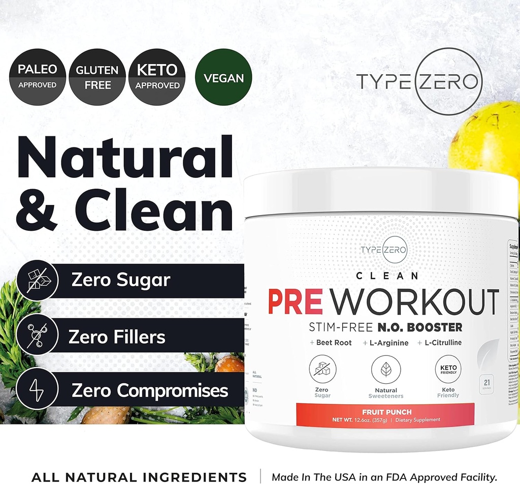 Ultra Clean Stim Free Pump Pre Workout + Nitric Oxide Booster (Fruit Punch) Beetroot, 7G Arginine Citrulline Malate, Betaine, Beta A, ACV+ - Sugar/Caffeine Free Natural Non Stim Preworkout Men & Women 6