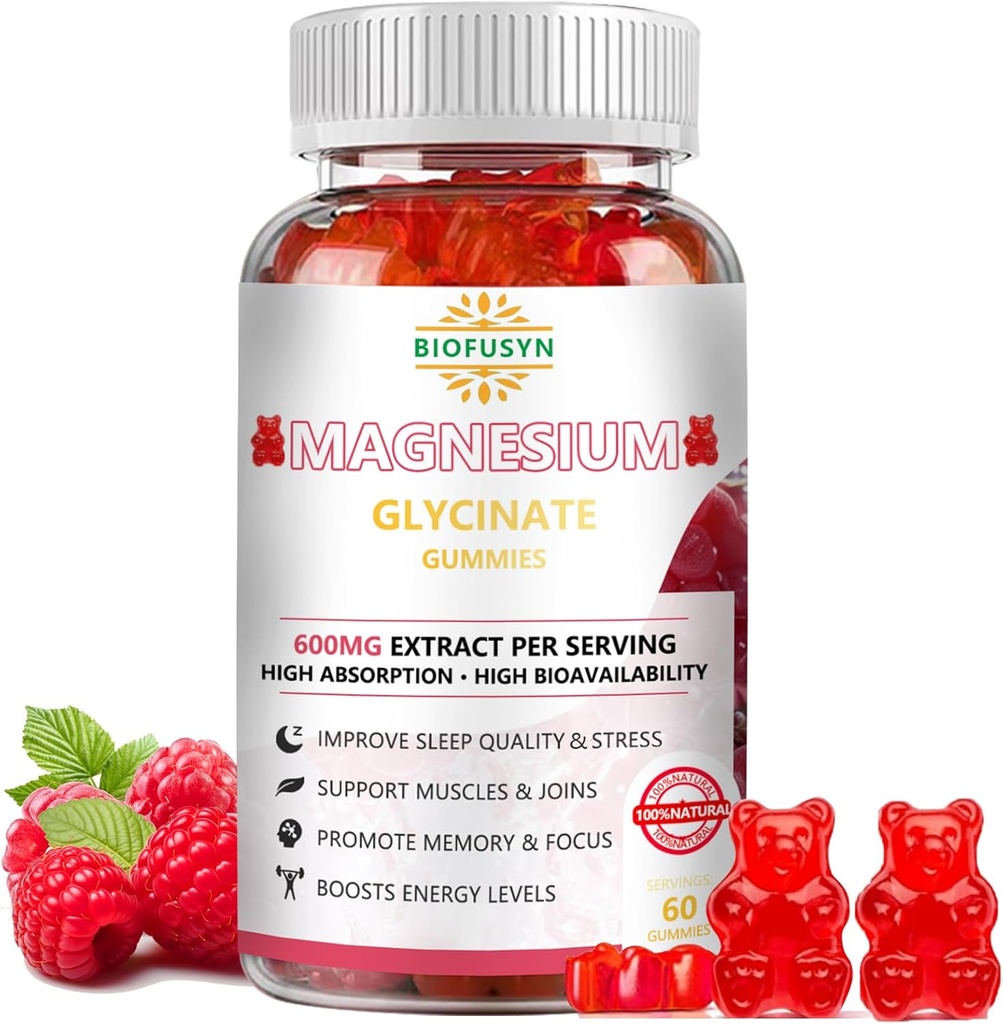 Magnesium Glycinate Gummies 600mg : Sugar-free Gummy Bears With Magnesium, Vitamin D, B6, and CoQ10 for Calm Support & Sleep for Adults & Kids,L-Threonate Multivitamin,Raspberry Flavor 60Count 2