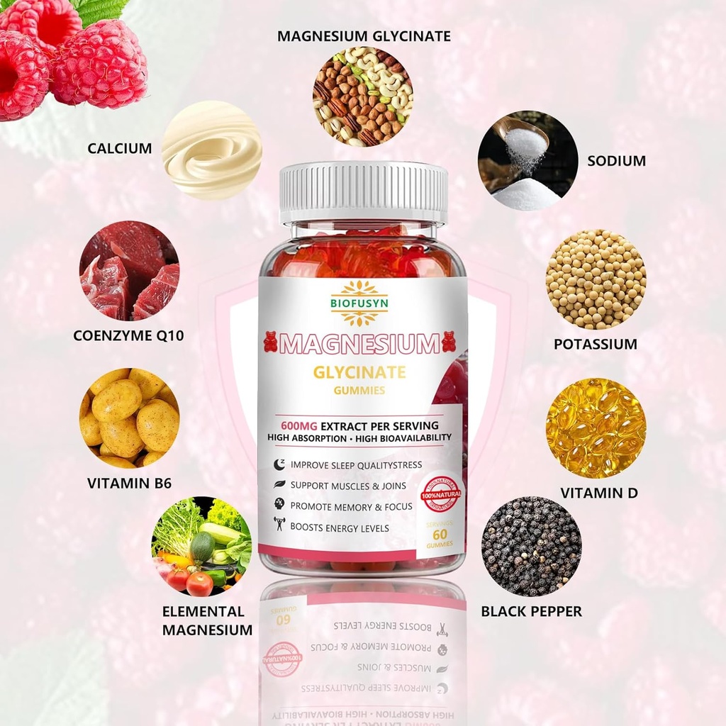 Magnesium Glycinate Gummies 600mg : Sugar-free Gummy Bears With Magnesium, Vitamin D, B6, and CoQ10 for Calm Support & Sleep for Adults & Kids,L-Threonate Multivitamin,Raspberry Flavor 60Count 5