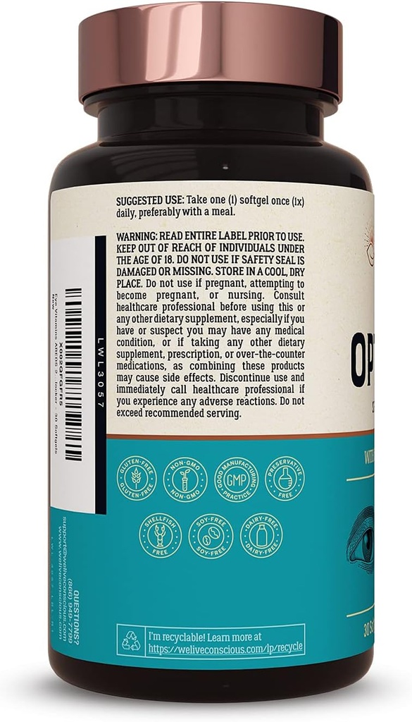 Live Conscious Eye Vitamins Select AREDS 2 Ingredients with Vitamin E, Lutein, and Astaxanthin - OptiWell Eye Health Supplement and Blue Light Support (2 Pack) 4