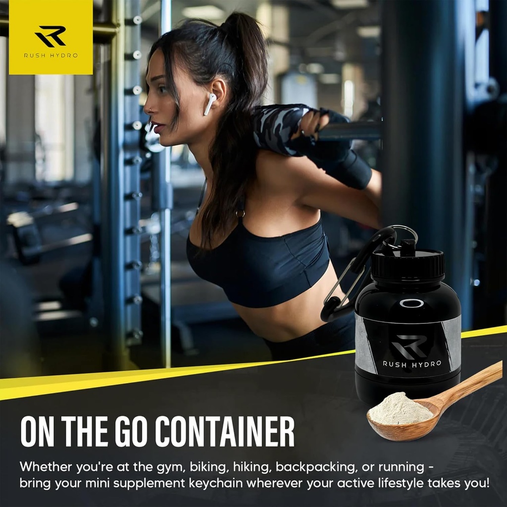 RUSH HYDRO Supplement Protein Powder Funnel Keychain, Travel Protein Powder Container with Dual Screw Cap, 100 mL Container for Hydration Powder & Supplements, Black 3