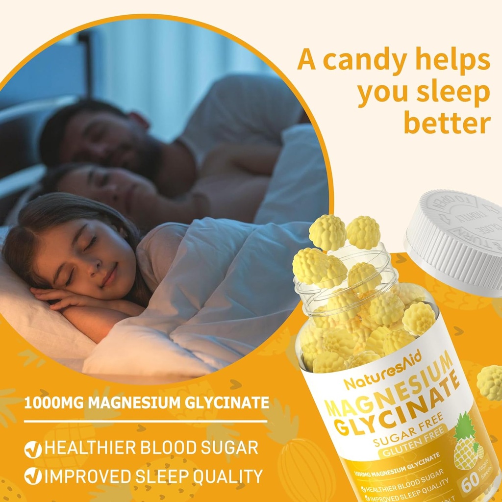 Magnesium Glycinate Gummies 1000mg - Sugar Free Magnesium Potassium Supplement with Vitamin D, B6, CoQ10 for Calm Mood & Sleep Support - 60 Pineapple Gummies -1 Pack 6