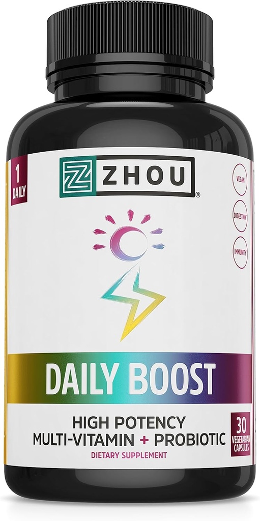 Zhou Daily Boost - Probiotic Multivitamin for Women & Men, Immune Support, Antioxidant & Eye Health Supplement with Vitamin A, Vitamin C, Biotin & Folate for Adults - 30 Veggie Capsules 2
