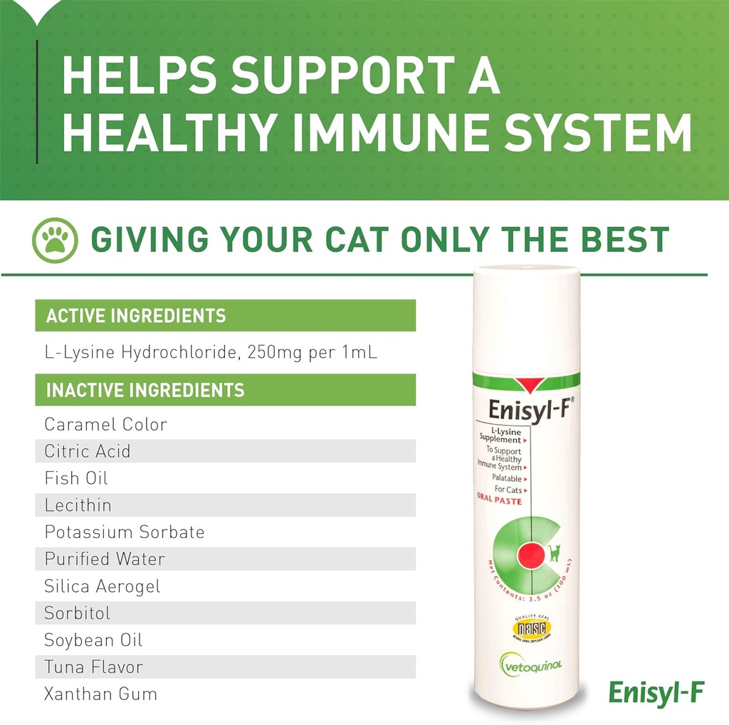 Vetoquinol Enisyl-F Oral Paste: L-Lysine Supplement for Cats - Tuna Flavor, 3.5oz (100mL) Pump 4