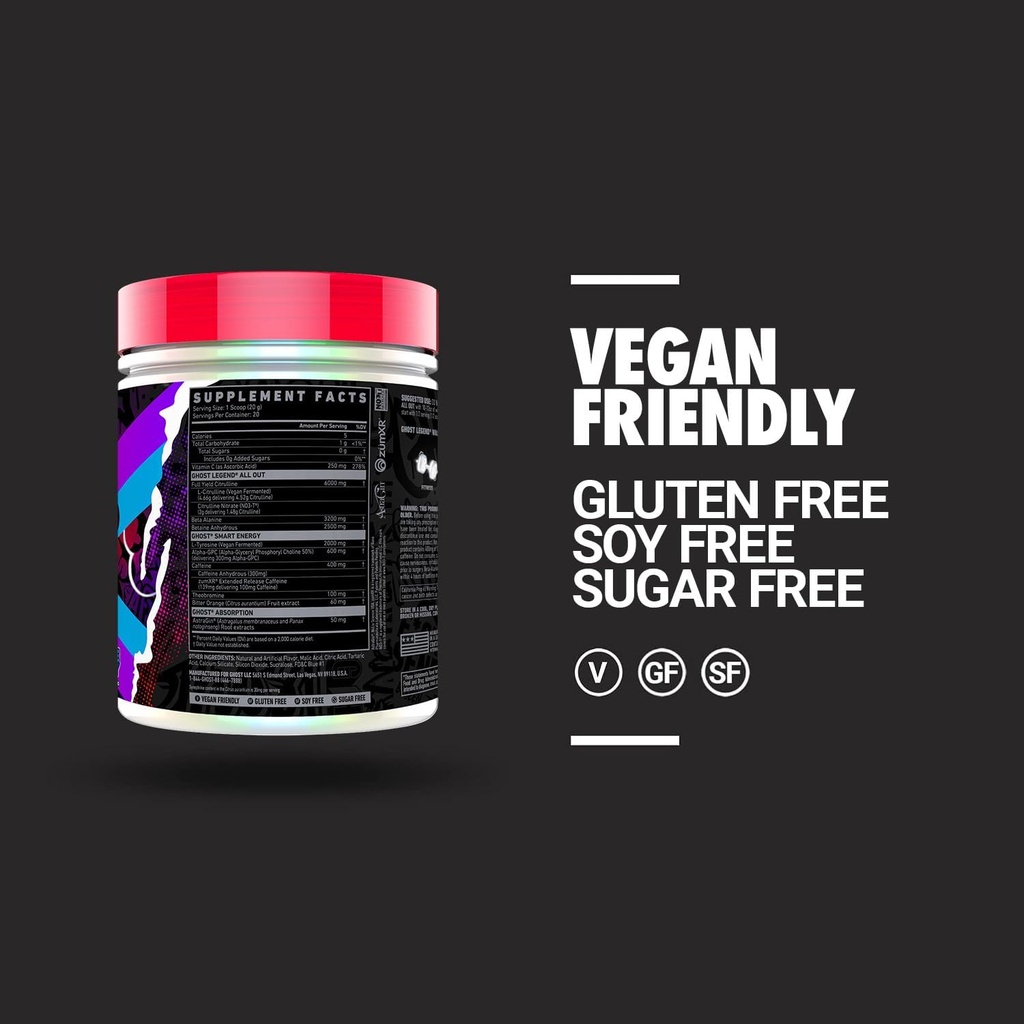 GHOST Legend All Out Pre-Workout Powder, Blue Raspberry - 20 Servings - Pre-Workout Supplement for Men & Women - Energy & Pumps - Caffeine, L-Citrulline, & Beta Alanine Blend - Sugar Free 5
