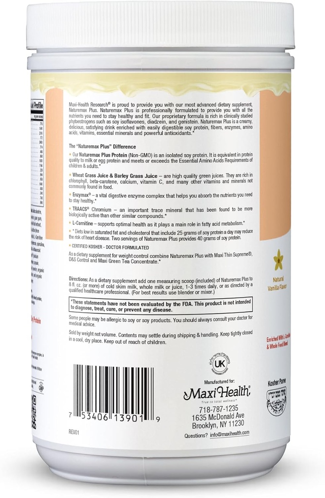 Maxi-Health NatureMAX PlusTM Energy Support Meal Replacement Drink Soy Protein Powder - Sugar Free Diet Supplement - 1 Lb - Natural Vanilla Flavor - Kosher Vitamin 4