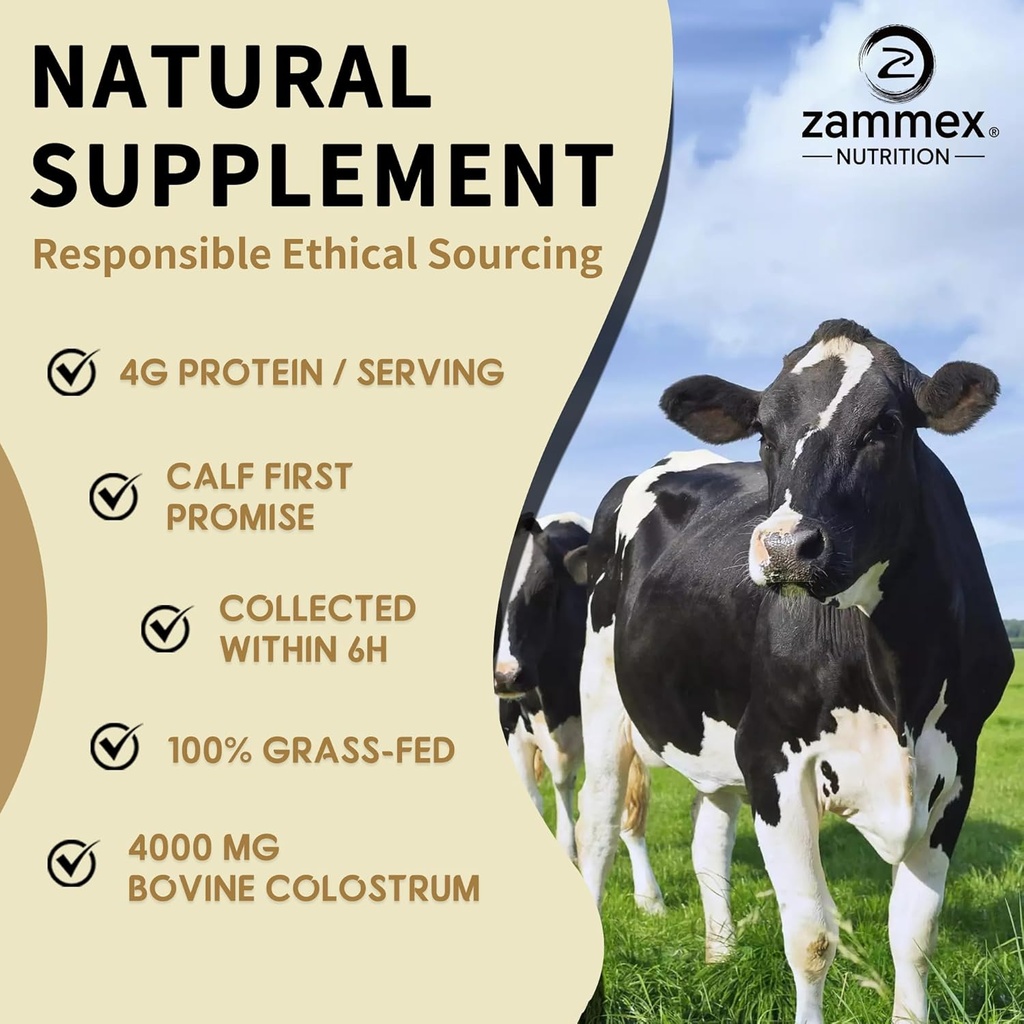 Zammex Bovine Colostrum Powder 4000MG for Immune Support, Gut Health, Hair Growth, Grass Fed Organic Colostrum Supplement for Humans Superfood Easy to Mix, 4g Protein, Unflavored, 30 Servings 5