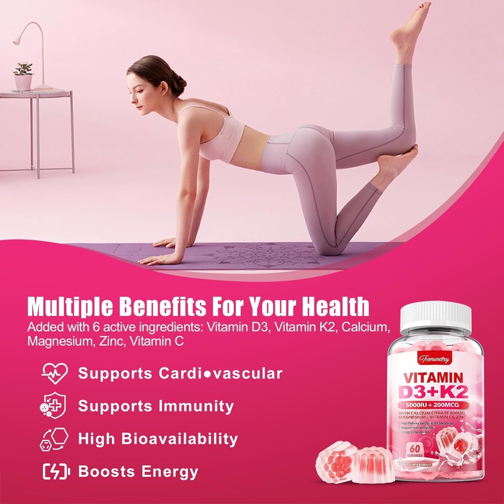 Vitamin D3 K2 Supplement for Adults - Vitamin D3 5000 IU + K2 200 mcg - Vit D3 K2 Gummies with Calcium 600mg Magnesium Zinc & Vitamin C for Women Men - Supports B0ne, Muscle Immune - 120 Count 6