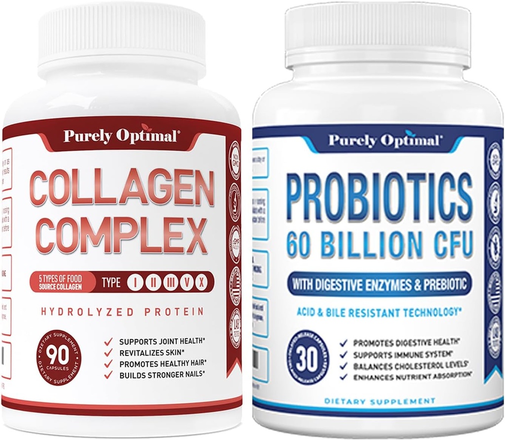 Purely Optimal Premium Multi Collagen Peptides Capsules (Types I, II, III, V, X) + Premium Probiotics 60 Billion CFU with Organic Prebiotics & Digestive Enzymes 2