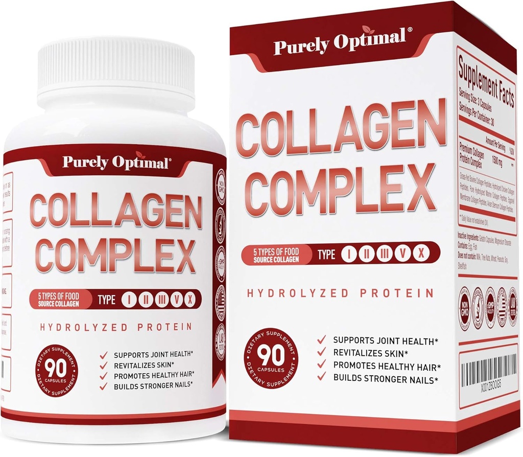 Purely Optimal Premium Multi Collagen Peptides Capsules (Types I, II, III, V, X) + Premium Probiotics 60 Billion CFU with Organic Prebiotics & Digestive Enzymes 3