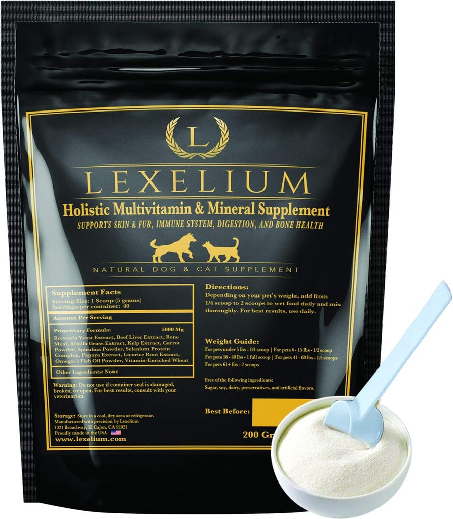 Holistic Multivitamin Supplement for Dogs and Cats - Complete 12-in-1 Plant-Based Vitamins & Minerals for Skin, Coat, Digestion, Bones, and Immunity - Omega-3 Fish Oil, Vitamin Mineral Complex - 200G 2
