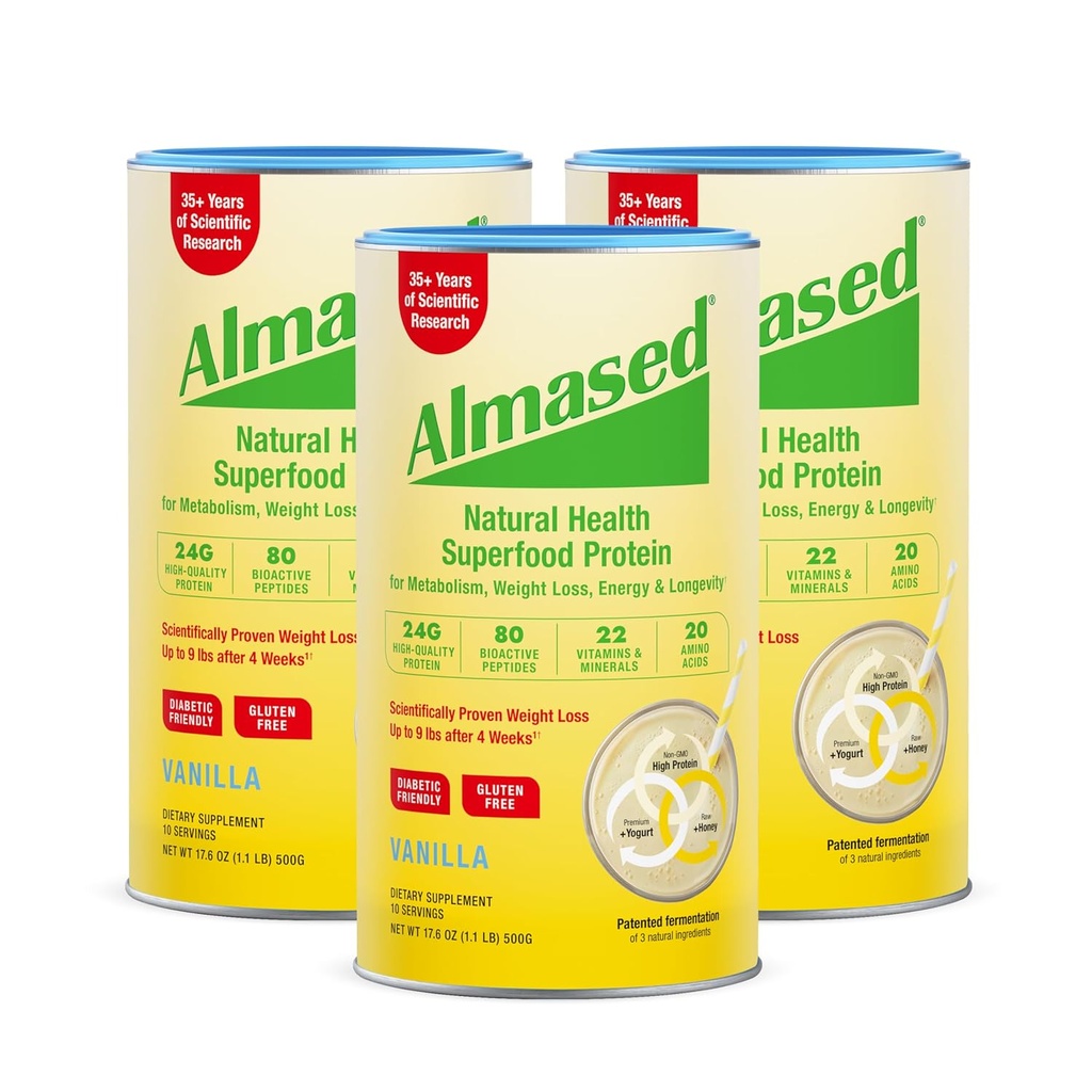 Almased Vanilla Meal Replacement Shake - Low-Glycemic High Plant Base Protein Powder- Nutritional Weight Health Support Supplement - Vanilla Flavor - 17.6 oz (1.1 Pound (3 Pack)) 2