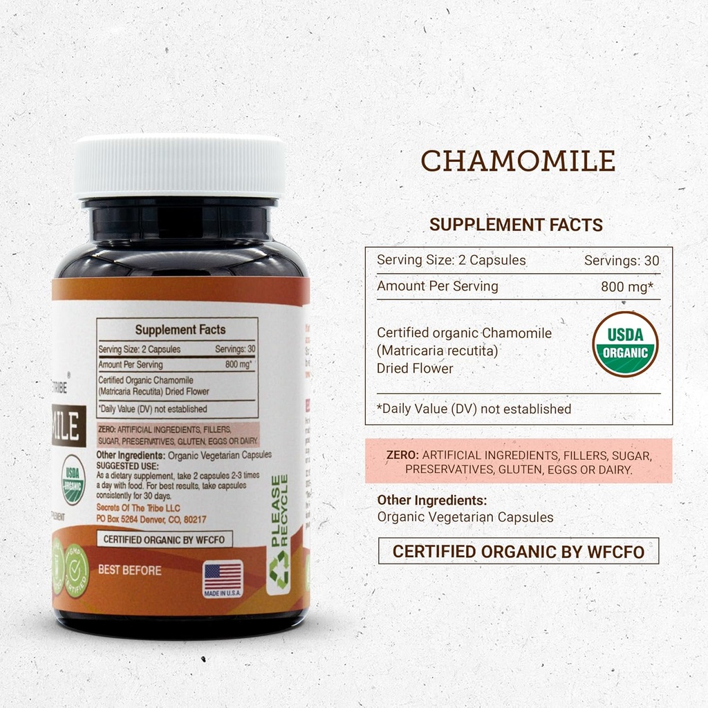Secrets of the Tribe Chamomile USDA Organic Capsules | Certified Organic Vegetarian Capsules, Herbal Dietary Supplement | Matricaria recutita Dried Flower (60 Count) 5