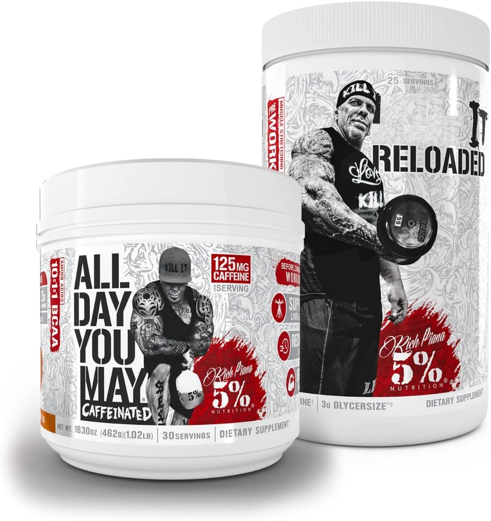 5% Nutrition Rich Piana Bundle | AllDayYouMay Caffeinated BCAA Powder (Southern Sweet Tea) + Reloaded High-Stim Pre-Workout (Fruit Punch) 2