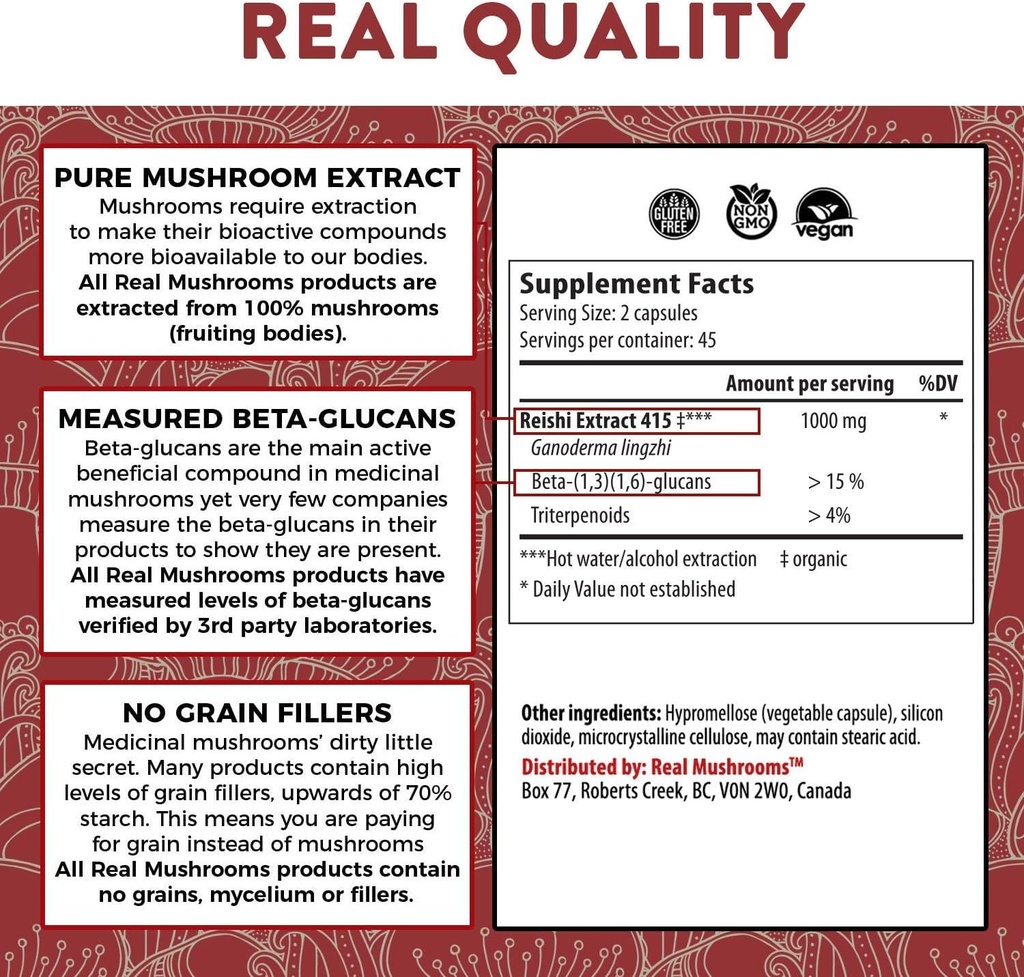 Real Mushrooms Ergothioneine (60ct) and Reishi 415 (90ct) Bundle with Shiitake and Oyster Mushroom Extracts - Longevity and Relaxation -Vegan, Gluten Free, Non-GMO - Natural Support for Healthy Aging 5